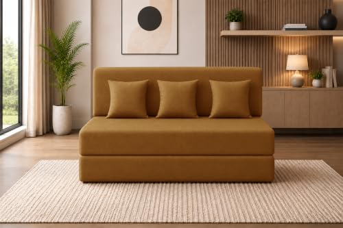 Image of Sofa Cum Bed with Jute Fabric, Convertible Three Seater Sofa Bed 5x6 Ft, Comfortable Cushioned Seating, Space Saving Design for Living Room, Bedroom & Guest Room - Golden Color