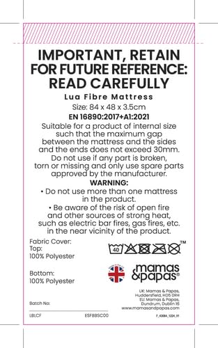 Mamas & Papas Replacement Fibre Mattress Lua Bedside Crib - 84x48x3.5cm - Image 2