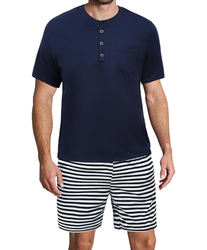 Demegimi Pijama Hombre Algodón Pijama de Verano para Hombre de Rayas Conjunto con Camiseta de Manga Corta y Pantalones Cortos con Bolsillos