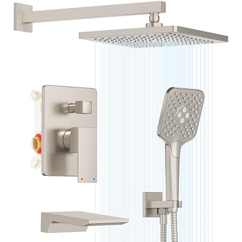 Gabrylly Shower System with Tub Spout, Wall Mounted Tub Shower Faucet Set for Bathroom with High Pressure 10" Rain Shower head and 3-Setting Handheld Shower Head Set,Brushed Nickel Cover