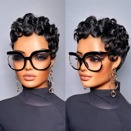 SAEIALL Curly Wave Short Wig Human Hair Pixie Cut Wig