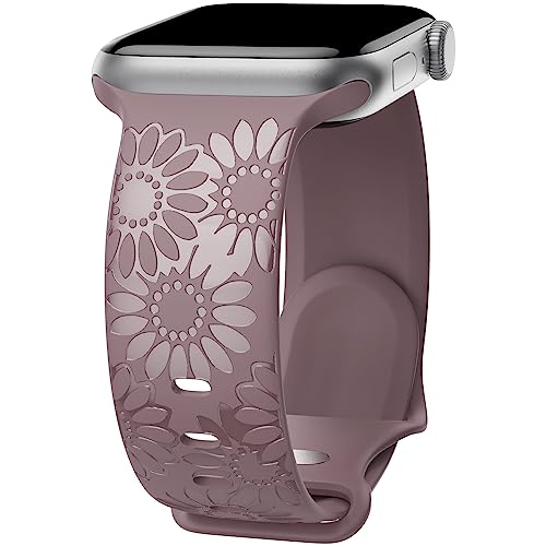 Image of Sunflower Engraved Band Compatible with Apple Watch Bands 38mm 40mm 41mm 42mm 44mm 45mm 49mm Women, Designer Soft Glossy Floral Silicone Strap for iWatch Series Ultra 11 10 9 8 7 6 SE 5 4 3 2 1