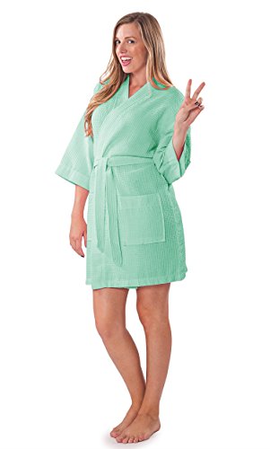 Image of Turquaz Lightweight Short Robes For Women Waffle Kimono Bathrobe - Soft, Fast-Drying, Long-Lasting Cotton Blend