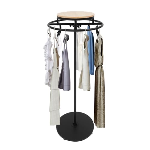 Appendiabiti rotondo girevole a 360°, in acciaio, regolabile in altezza, con tavola in legno ecologico, per vendita al dettaglio, boutique, camera da letto, negozio di abbigliamento