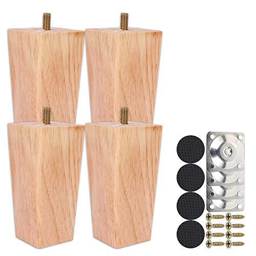 4 Stück Möbelfüße aus Holz, rechts, 10 cm, Set mit Füßen niedrig, Holz, mit Schrauben M8, rutschfeste Matte und Montageplatte für Sofa, Bett, Tisch, Sessel, Nachttisch, Schrank (Farbe Natur, 10 cm) Cover