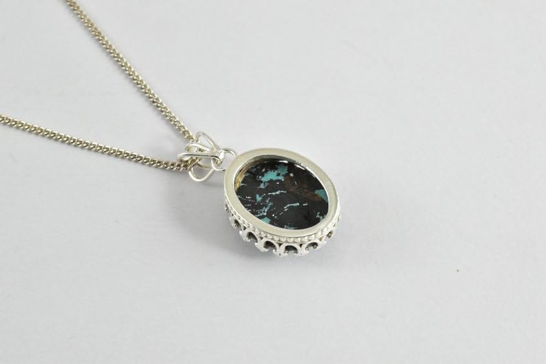 Colgante de turquesa tibetana natural y plata 925 ovalado negro y verde gmpd_0082 con cadena 4