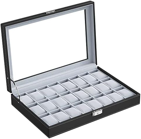 SONGMICS Watch Box, 24-Slot Watch Case, Lockable Watch Storage Box with Glass Lid, Gift Idea, Black Synthetic Leather, Gray Lining UJWB024