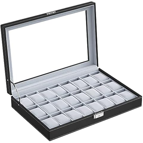 SONGMICS Uhrenbox, abschließbare Uhrenschatulle, Aufbewahrung, Organizer für Uhren, mit 24 Fächern, Glasdeckel, Geschenk für die Liebsten, schwarz JWB024 Cover