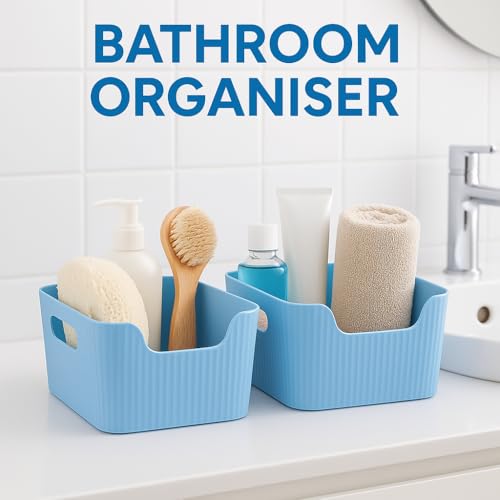 Image of Plastic Storage Box with Lid - Large Stackable Organizer Storage Box for Clothes, Toys, Kitchen - Big Size Plastic Storage Container Basket for Home, Office, Bathroom(Smal,Pack of 6,Blue)