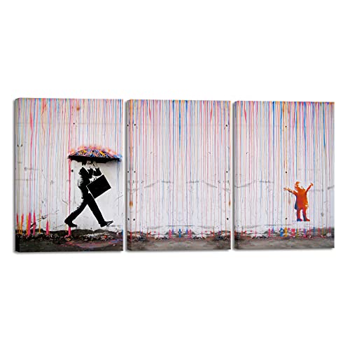 Wieco Art 3 Piece Banksy Famous Canvas Paintings Wall Art Raining day Modern Large Inspirational Grey Love Pictures Print Artwork for Dining Room Kitchen Home Office Decor