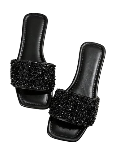 Image of GORGLITTER Women's Sparkly Jeweled Flat Sandals Dressy Open Toe Glitter Shiny Slippers Slip-on Shoes