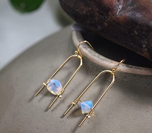 Opalite Earrings Silver Hoop Earrings For Women Iridescent Earrings Raw Crystal Earrings Iridescent Dangle Earrings Silver Gift For Oct Birthday(Gold-Filled) #TOP3