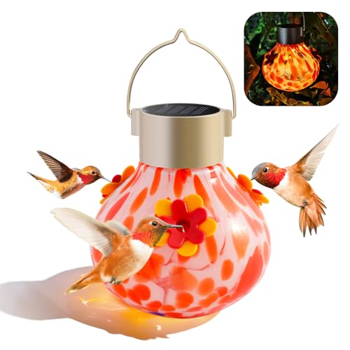 Hummingbird Feeder with Solar Light Outdoor Glass Hummingbird Feeder Auto-Lighting Solar Lamp for Garden Decor 3 Feeding Ports Attract More Birds Waterproof Design Ideal Gift (Red)