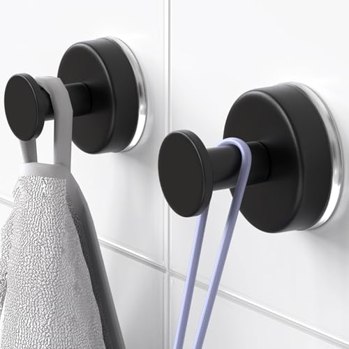 Image of HUFEEOH Suction Cup Hooks for Shower, Towel Hooks Wall Hooks for Hanging, Removable Towel Holder for Bathroom, Kitchen, Glass Door, Mirror, Tile (2 Pack O Shape - Black)
