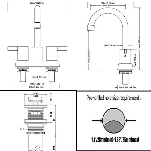 4 Inch 2 Handle Centerset Matte Black Lead-Free Modern Bathroom Faucet By Phiestina, 360 Swivel Spout 2-3 Hole Bathroom Vanity Sink Faucet with Copper Pop Up Drain and 2 Water Supply Lines, BF015-1-MB