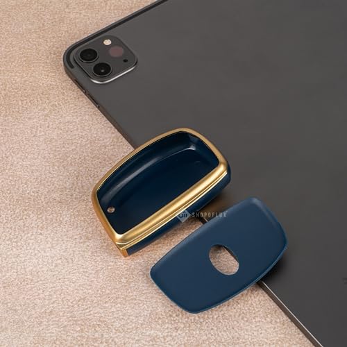 Image of SHOPOFLUX TPU Leather Key Cover Compatible with Hyundai Alcazar and Creta Car 4 Button smart Key (Blue Gold)