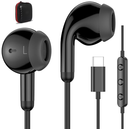 USB C Headphones USB Type-C Earbuds for iPad 10th Generation iPad Pro 13 M4 iPad Air 11 M2 iPhone 16 15 Pro Wired Earphones with Microphone Volume Control Noise Isolating HiFi Stereo Headset Black