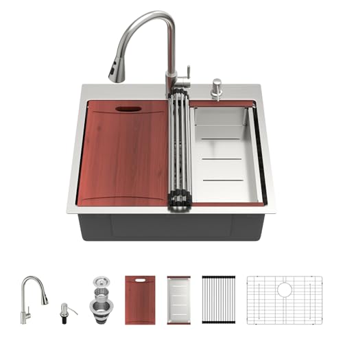Image of Kichae 25 Drop In Kitchen Sink with Faucet Combo - Workstation Kitchen Sinks 25 x 22 Inch Workstation Sink Topmount Overmount Single Bowl Handmade Basin All Accessories Included