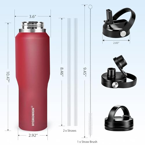 Image of HYDROWION Water Bottle Stainless Steel,Vacuum Insulated Leak Proof Tumbler 32oz with Straw Lid, Spout Lid and Flex Cap(Cold for 48 Hrs, Hot for 24 Hrs), Fit in Any Car Cup Holder, Red