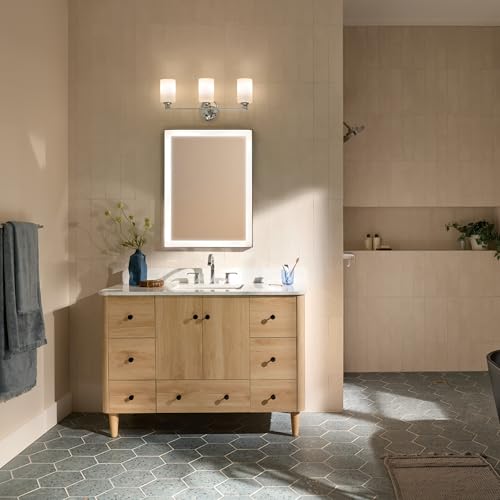 Image of Kichler Gioe 24.25 inch 3-Light Bathroom Vanity Light Fixture with Opal Glass in Chrome, Damp Rated Modern Wall Mount for Mirror, Powder Room (24.25 inch W x 10.5 inch H), 55226CH