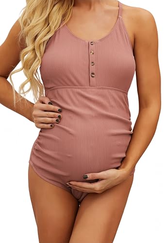 Ocean Plus Traje de baño premamá de una pieza para mujer con botones y botones, Rosa., XL