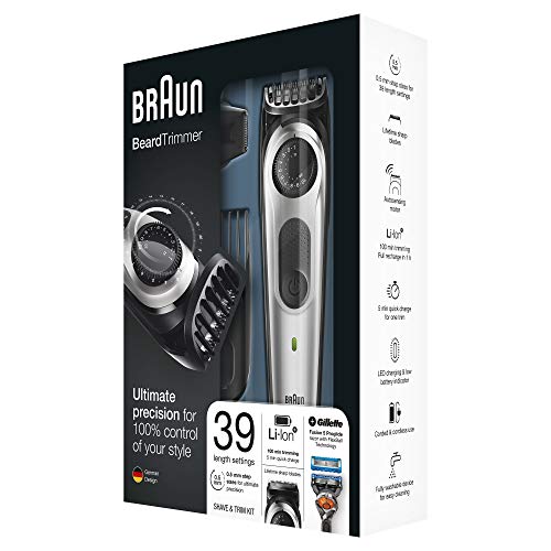 Braun Beard Trimmer & Hair Clipper, Detail Trimmer Attachment + 2 Combs + Fusion Proglide Razor Included, Beardtrimmer Bt5060, Cordless, Black/Silver #TOP5