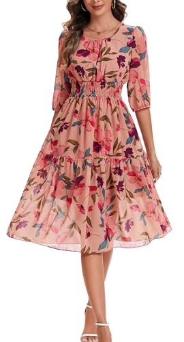Image of Kormei Women Casual Boho Floral Round Neck 3 /4 Sleeve Smocked Waist Tiered A Line Flowy Swing Midi Dress Long Dresses