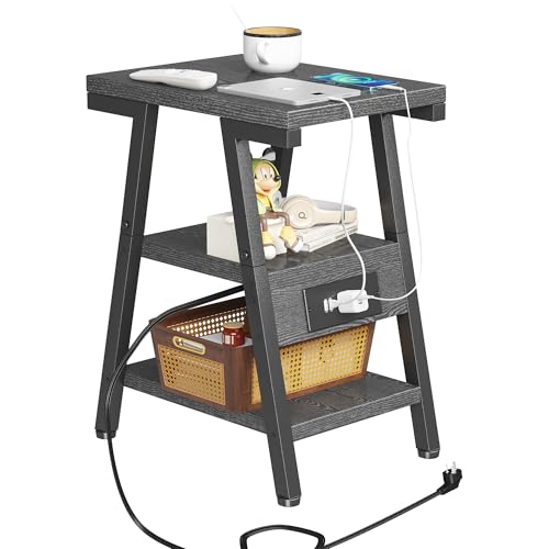 Homeiju End Table with Charging Station, Small Side Tables with Lucky 7 Metal Shape, 3-Tier Nightstand with Outlets and USB Ports, Adjustable Leveling Feet, Side Table for Living Room, Bedroom (Grey) by Homeiju - Image 9