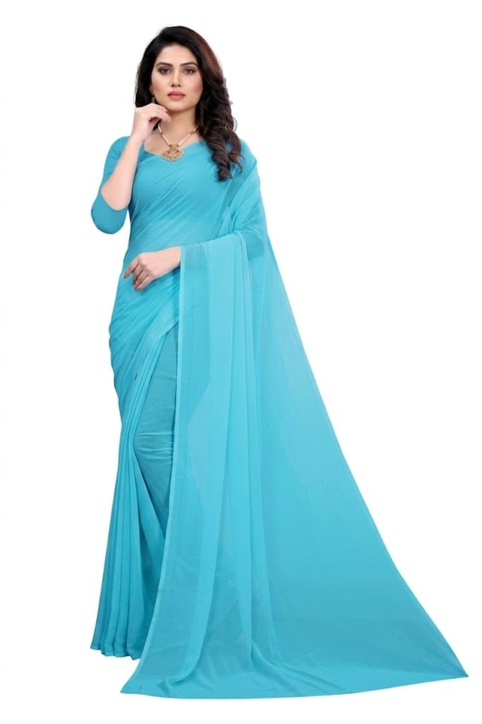 Sky Blue Georgette Saree for Women, Plain Solid, Lightweight Flowy Fabric, with Unstitched Blouse Piece, Ethnic Style-picture-26