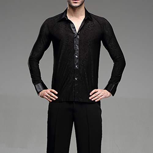 Yilinfeier Men Professional Black Noble Dark Stripe Long Sleeves Latin Salsa Samba Chacha Modern Dance Shirts (Xl, Lapel Collar) #TOP1