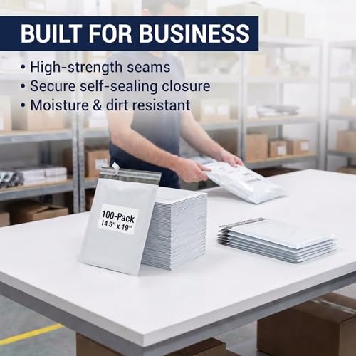Image of BOX USA Shipping Bags 14 x 19 (100-Pack) White - Large Heavy Duty Self-Adhesive Envelope Poly Mailers for Packing
