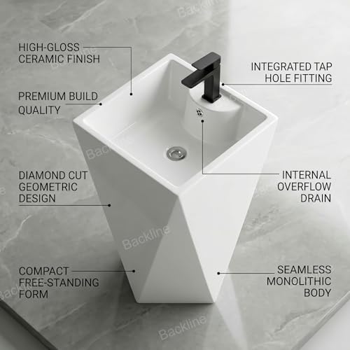 Image of B Backline Ceramic One Piece Pedestal Wash Basin Free Standing Diamond Cut Basin For Livingroom & Bathroom 48 X 48 X 83 CM - 10 Years Glaze Warranty (White Glossy)