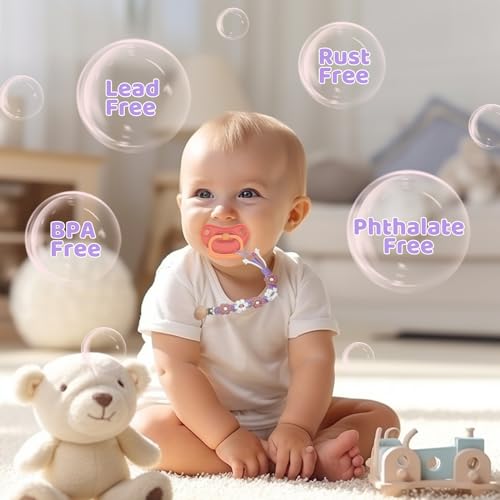 Image of Pacifier Clip for Boys Girls Floral Daisy Macrame Baby Paci Clip Pacifier Holder Leash Boho Wooden Clips Handmade Braided Cotton Binky Clips (2pack:Lavender Style x 2)