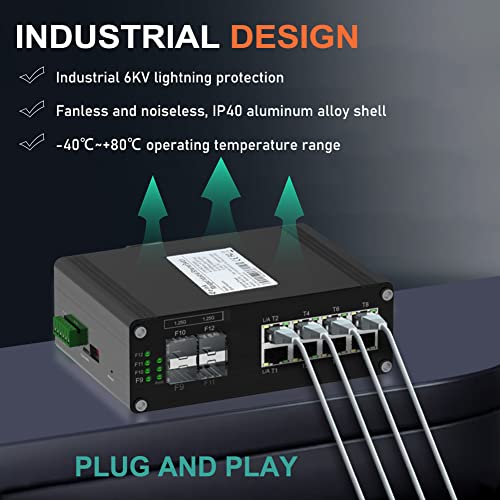 Image of Industrial 8 Ports L2 Managed Gigabit Fiber Switch with 4 1000Base-X SFP Slots Layer 2+ Web Management Din Rail Mount Network Switch Support QOS, VLAN, Ring Network, IGMP 12-48V DC Input