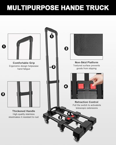 SERVOMASTER Folding Hand Truck, Hand Truck Dolly 500 LB Heavy Duty, Foldable Luggage Cart with 6 Wheels and 2 Elastic Cords with Adjustable Handle for Luggage, Travel, Shopping, Office Moving, Black - Thumbnail 4
