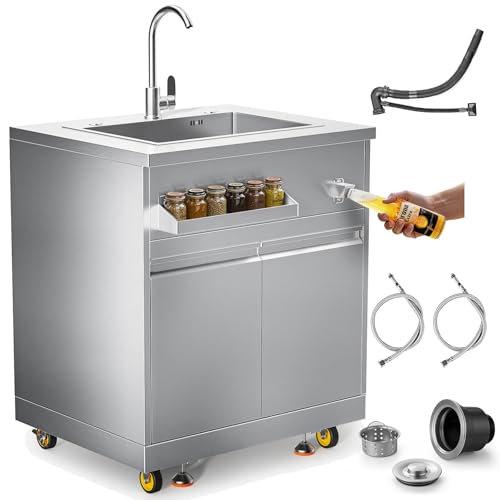 BODEGA Stainless Steel Single bowl kitchen sink Cabinet With hose hookup and Faucet, Outdoor Kitchen Sink with Storage, Brake Wheels & Spice Rack, All-Weather Sink, Use For RV, Yard,Garage,Restaurant.