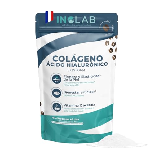 Inolab Colágeno marino hidrolizado puro ácido hialurónico acérola 5225miligrams 45 días/patente premium Naticol : efectos clinicamente comprobados/sabor natural de cafe