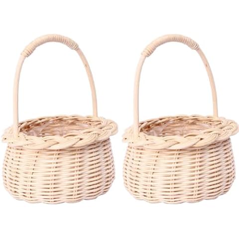 UIYIHIF 2 Pcs Wicker Rattan Flower Basket with Handle, Small Willow Handwoven Basket with Plastic Insert, Rustic Wedding Flower Girl Baskets for Easter Eggs Home Decor Cover