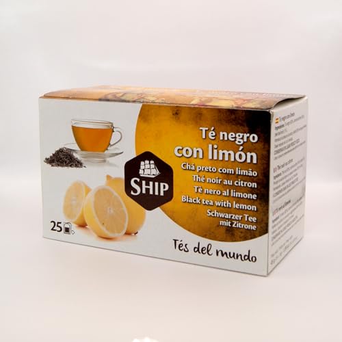 Ship - Té Negro con Limón - Caja de 25 Unidades - Propiedades Antioxidantes - Ayuda a Aliviar Dolores Estomacales - Contiene Vitaminas y Minerales - Aporta Bienestar y Tranquilidad - Infusiones y Tés