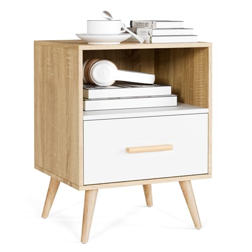 Mondeer Nachttisch, Nachtschrank mit 1 Schublade und 1 Offenem Fach, Holz Modern Nachtkommode mit Massivholzfüßen, Beistelltisch für Schlafzimmer...
