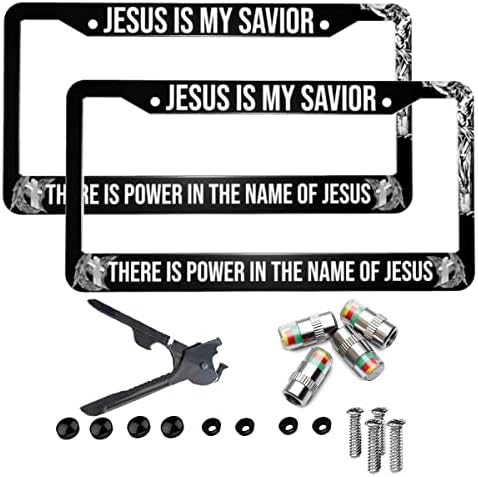 2-Pcs Jesus Is My Savior License Plate Frames Christian Aluminum Car Tag Cover Frames License Plate Holder Auto Accessories US Vehicles Standard (Screw Caps,Tire Pressure Monitor,portable screwdriver)