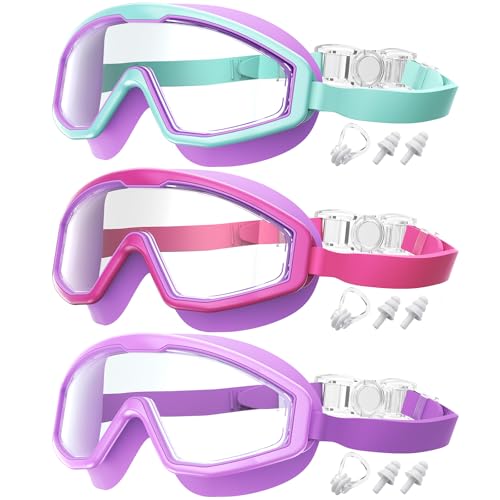 QALLY Kids Goggles Age 4-16 Anti-Fog UV 180Clear View Kids Swim Goggles 3 Pack Swimming Goggles Waterproof Pool Goggles for Boys Girls Toddler Kids Youth