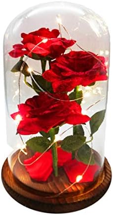 URBANSEASONS Beauty and The Beast Rose Enchanted Rose,Red Silk Rose and Led Light with Fallen Petals in Glass Dome on Wooden Base, for Valentine's Day Wedding Anniversary Mother's Day Birthday Party