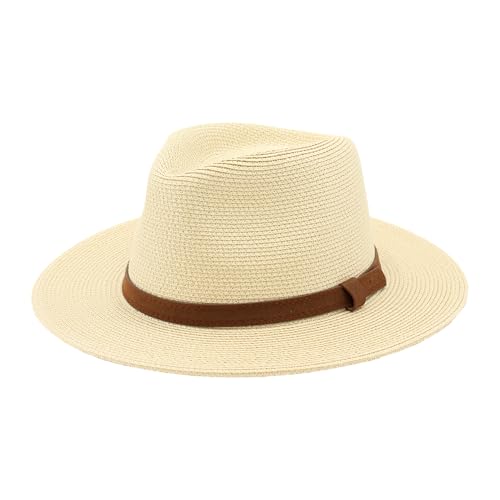 Sombrero Panamá de Verano, Sombrero de Paja Panamá para Mujer y Hombre Unisex, Sombrero de ala Ancha UPF 50 Plegable y Trenzado Intensivo (FR/ES, Letras, Talla única, Beige, Banda Marrón Cuero)