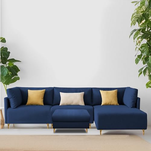 Image of Carina RHS 4 Seater L Shape Sofa Set with Center Table for Living Room (Blue Fabric) Premium Fabric Sofa