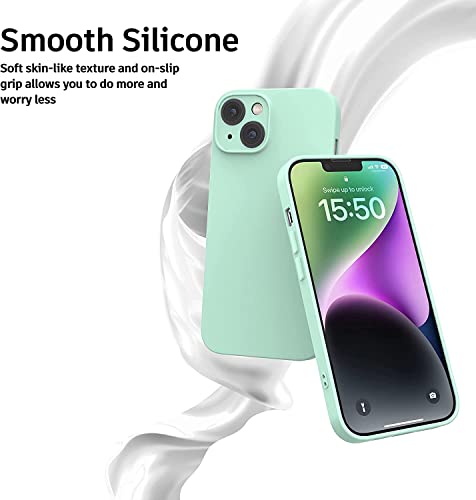 Image of DIZORO Microfiber Square Candy Case Compatible for iPhone 14 Plus, Shockproof Slim Back Cover Liquid Silicone Case (Mint), Green