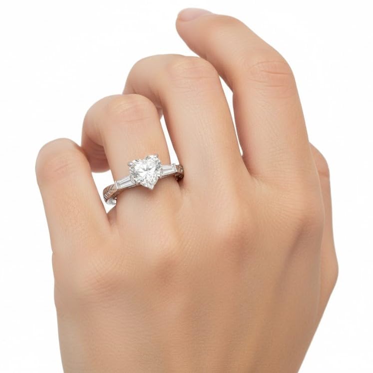 Image of 55Carat Choose Your Gemstone 0.50 Ct. Diamond CZ Baguette 3 Stone Ring Sterling Silver Heart Shape Vintage Engagement Rings Matching Jewelry Wedding Jewelry Easy to Wear Gifts US Size 4 to 12