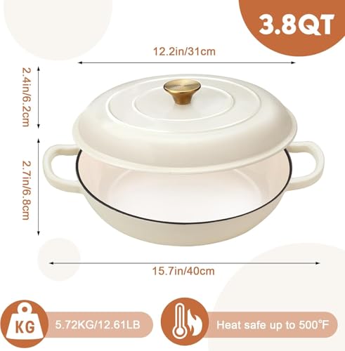 Overmont White Shallow Cast Iron Casserole With Lid Cookbook & Cotton Potholders – Non Stick Dutch Oven Pot, Oven Safe up to 500° F – Cookware – Enamelled Cooking Pot – 30cm