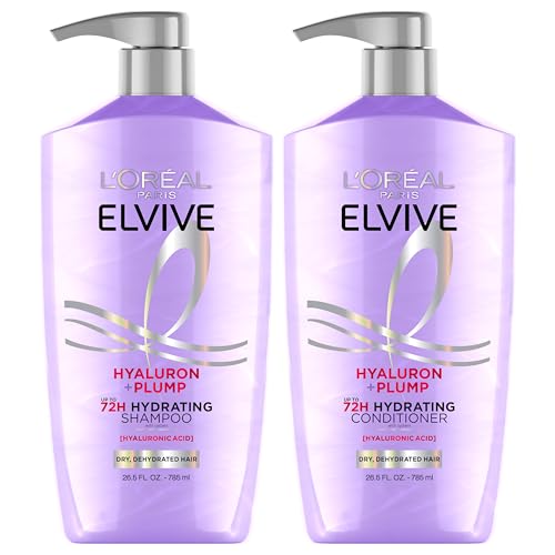 L'Oreal Paris Elvive Hyaluron Plump Shampoo and Conditioner Set for Dehydrated, Dry Hair with...