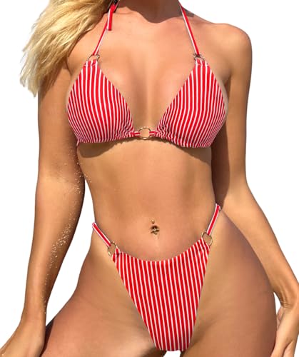 Image of MIKETAI Sexy Bikinis for Women 2 Piece Bikini Spaghetti Strap Swimsuits Solid Color Bathing Swimwear Triangle Bathing Suit